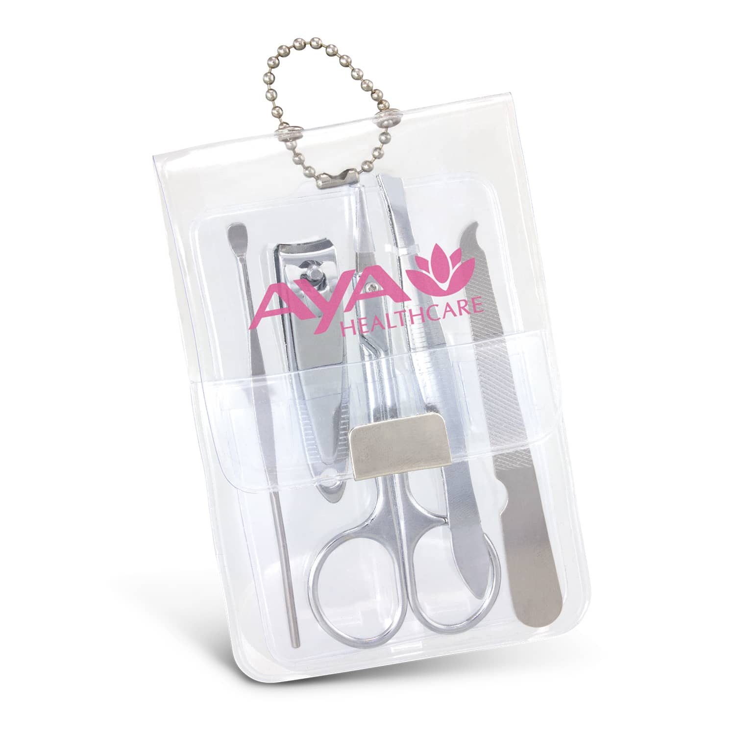 A vinyl manicure set in a clear pouch, featuring stainless steel tools including scissors, a file, and a cuticle pusher. Vinyl Manicure Set - Image 1