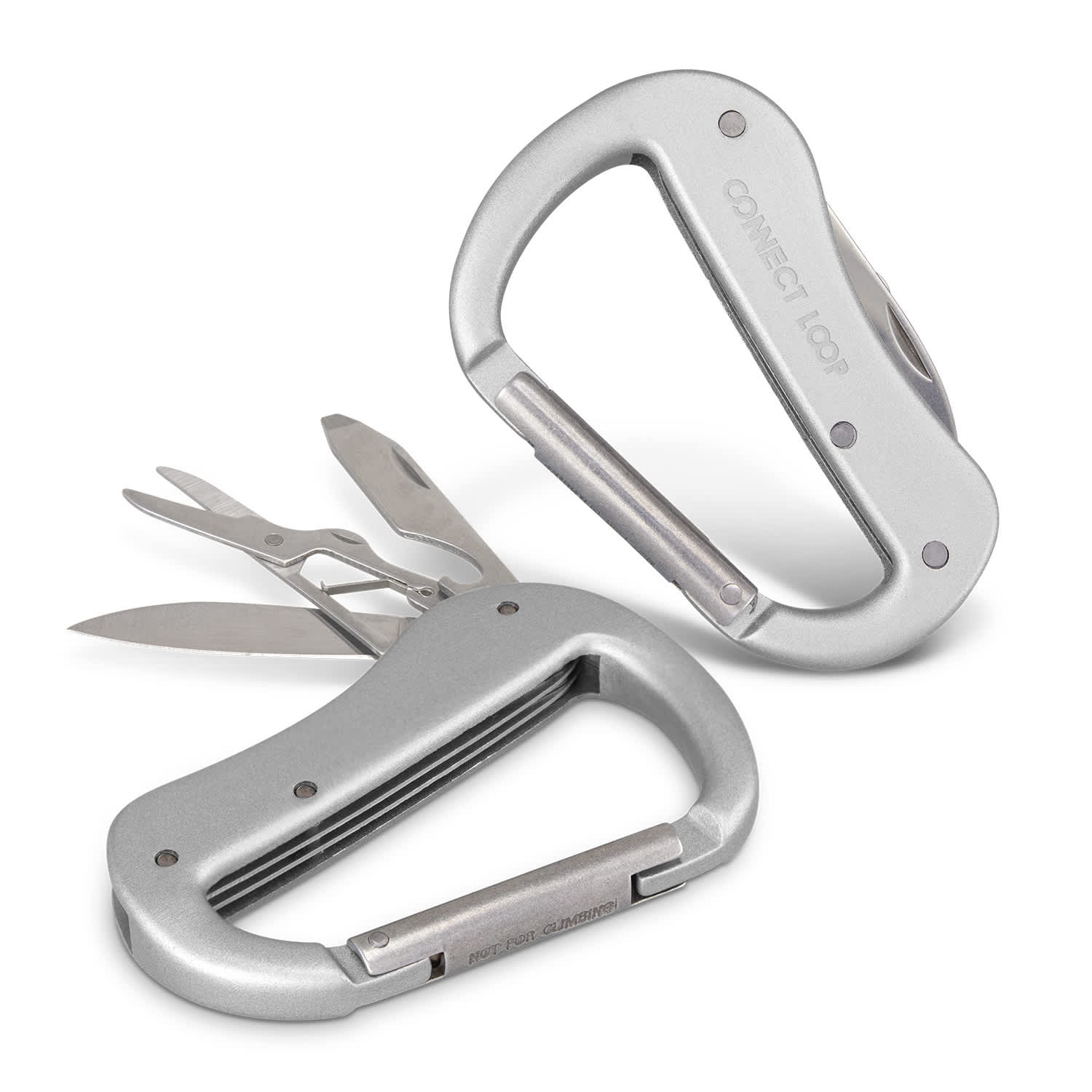 A silver carabiner multi-tool featuring scissors, a screwdriver, and other small tools. Includes a logo. Carabiner Multi-Tool - Image 1