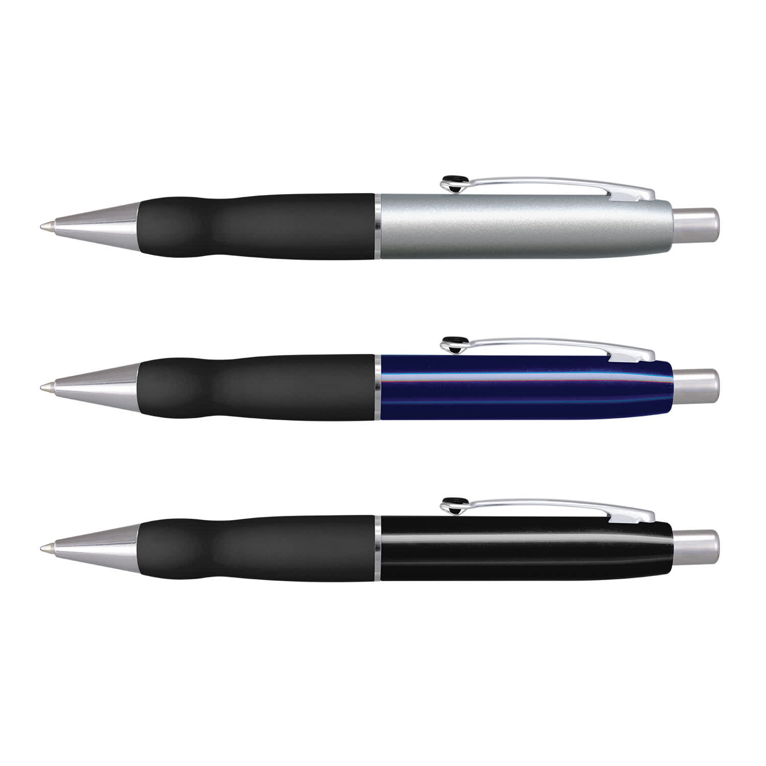 A set of three metal pens in silver, blue, and black with rubber grips and metal accents. Each pen has a logo. Turbo Pen - Classic - Image 1