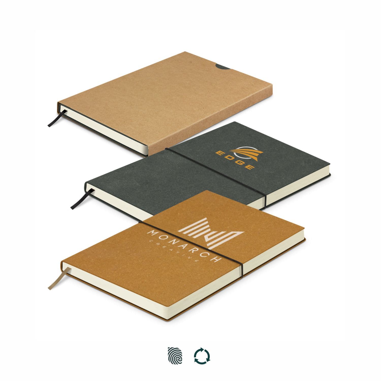 Three recycled soft cover notebooks in brown, green, and tan, featuring various branding and designs. Phoenix Recycled Soft Cover Notebook - Image 1