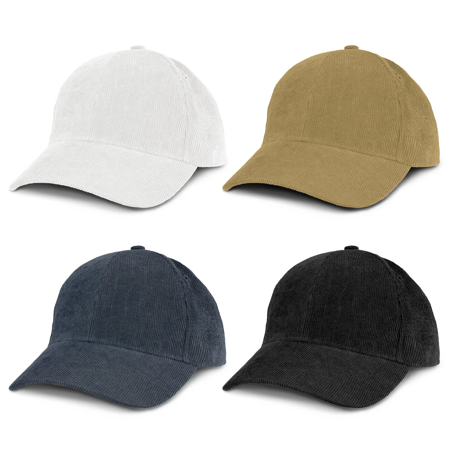 A corduroy cap featuring four colours: white, khaki, navy, and black, with a logo on the front. Corduroy Cap - Image 1