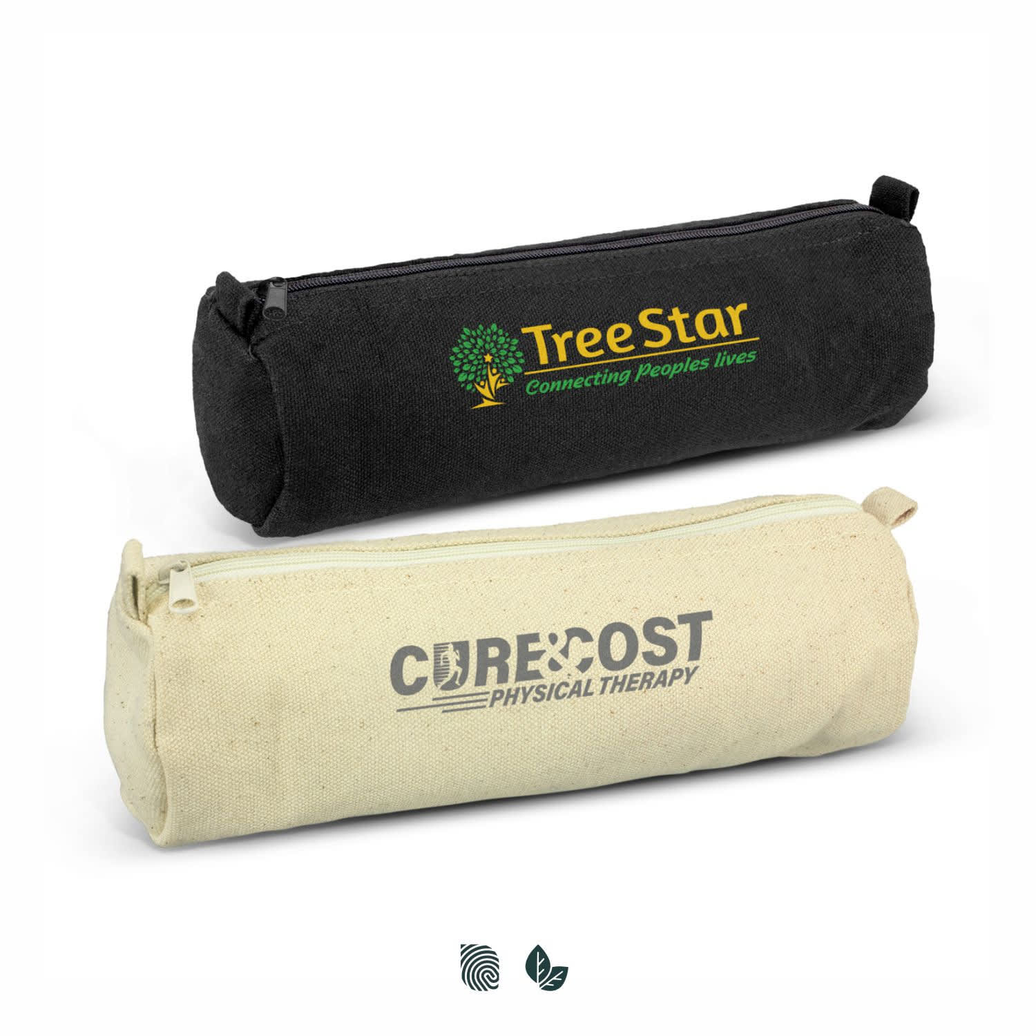A black and a cream pencil case, each featuring a logo, with zip closures. Tutor Pencil Case - Image 1