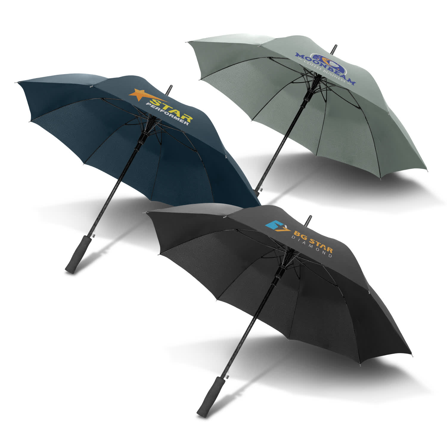 Three promotional umbrellas in dark green, navy, and black, featuring various logos on each. Cirrus Umbrella - Image 1