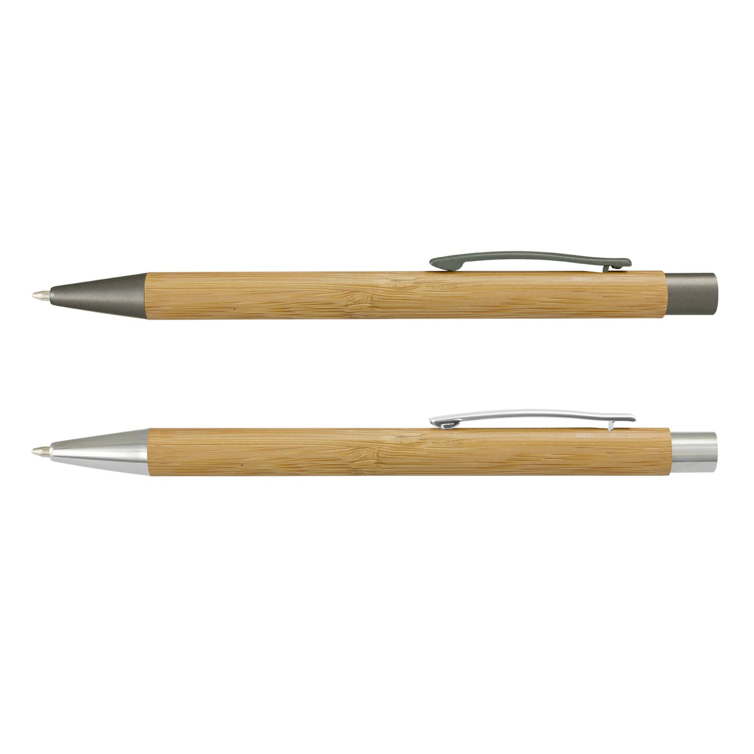 Two bamboo pens with silver and grey metal accents, featuring a sleek and natural design. Lancer Bamboo Pen - Image 1