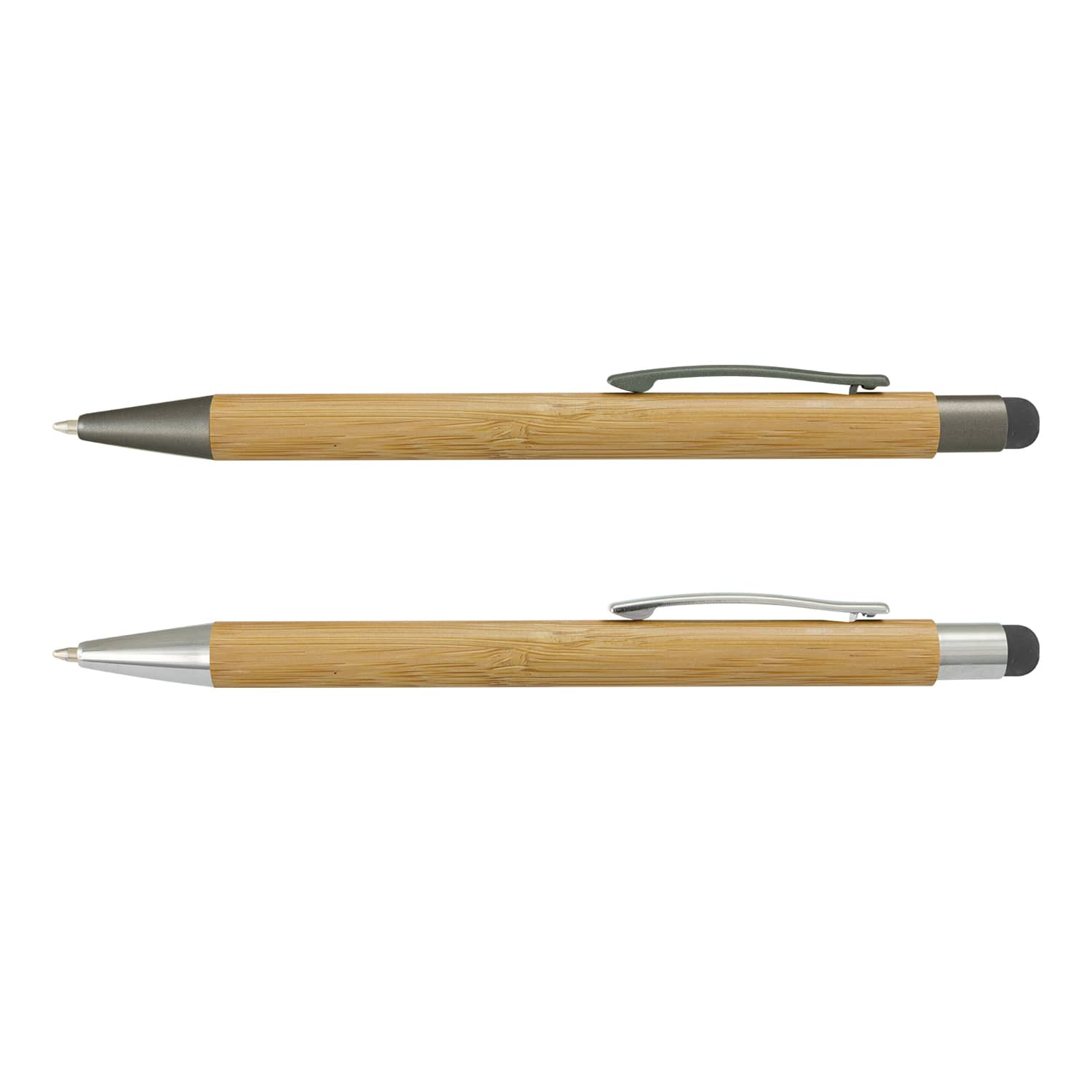 A bamboo stylus pen featuring a silver clip and tip, with a black rubber stylus end, displayed from two angles. Lancer Bamboo Stylus Pen - Image 1