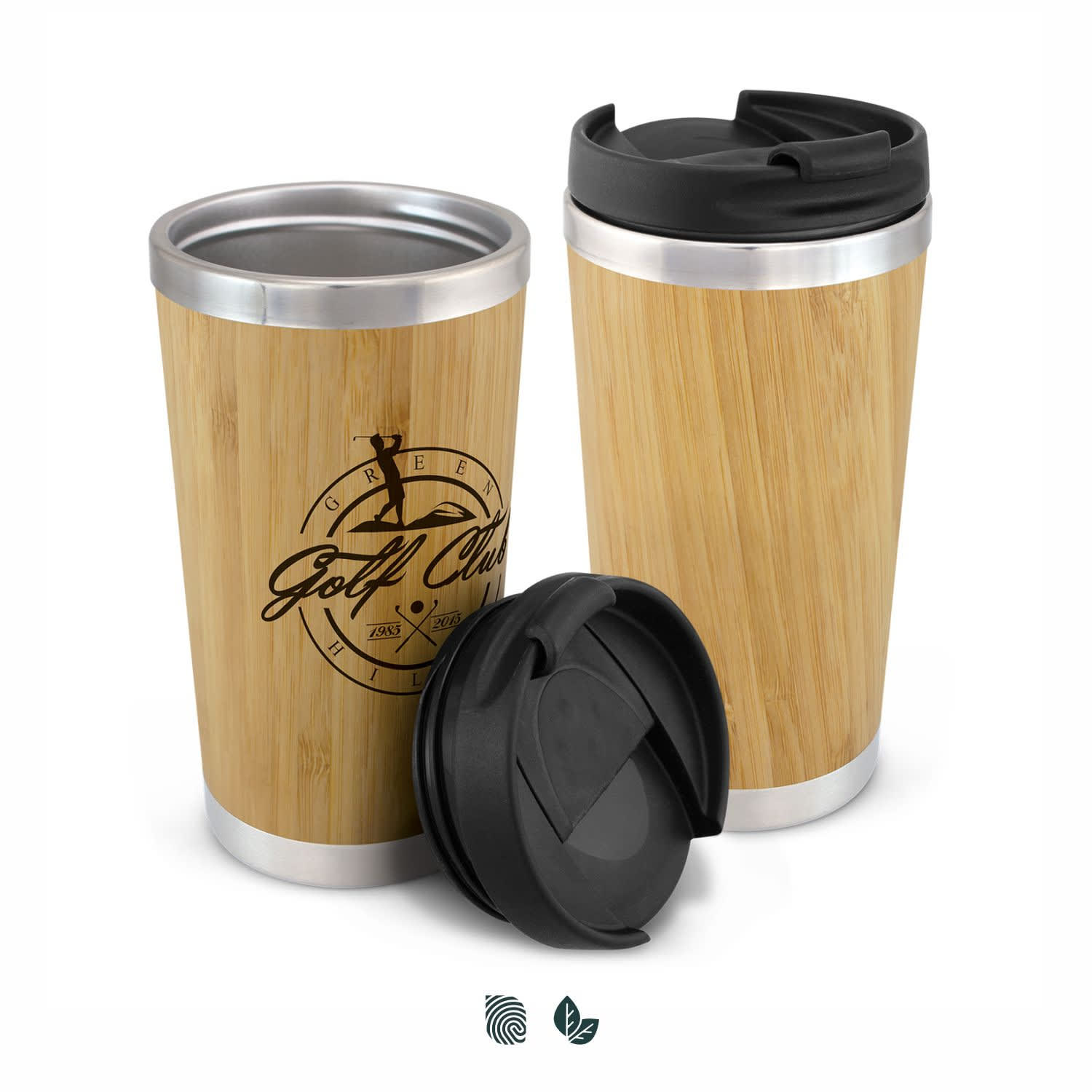 A bamboo double wall cup in natural bamboo and stainless steel, featuring a black lid and a logo. Bamboo Double Wall Cup - Image 1