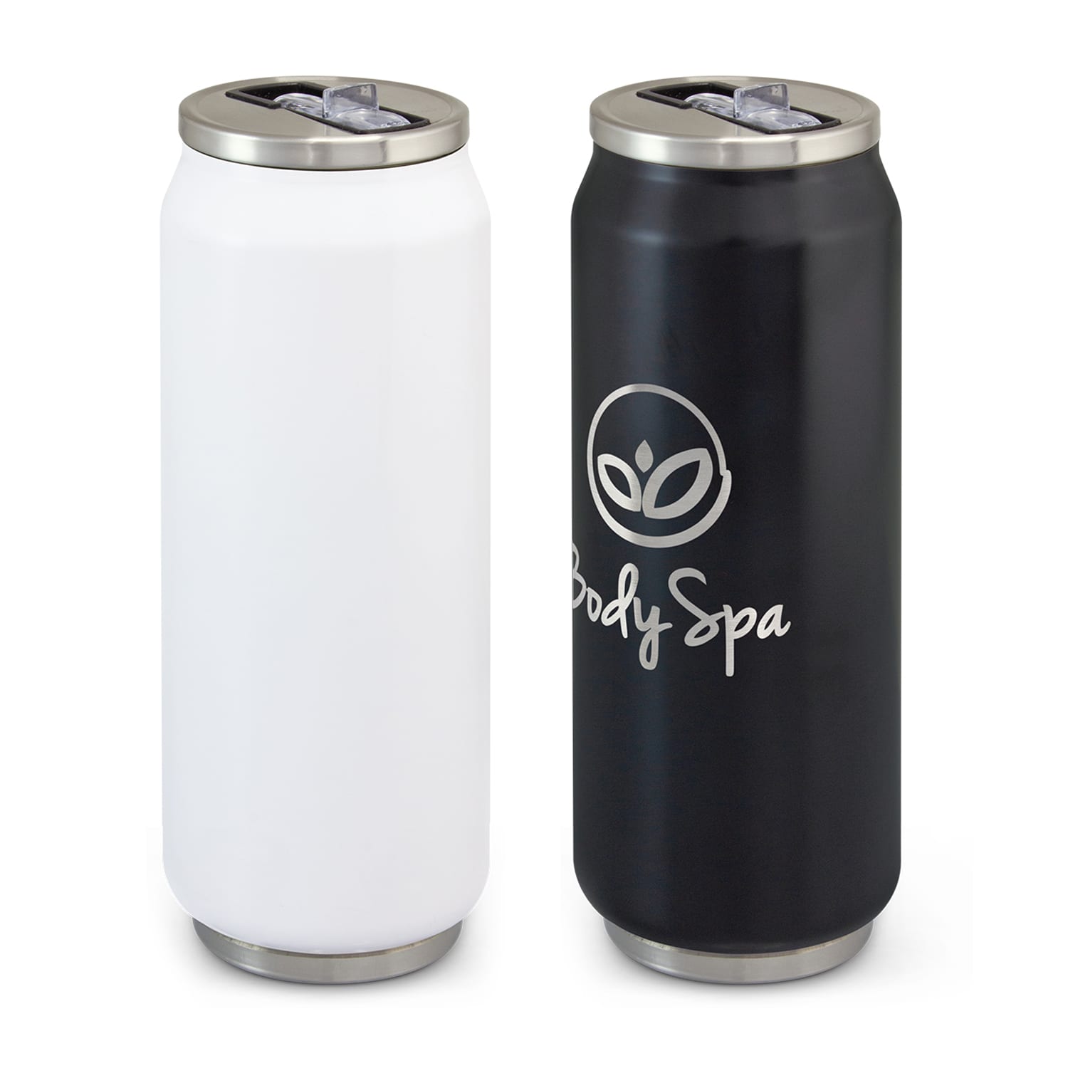 A drink bottle set featuring a white and a black canister vacuum bottle with silver lids and branding. Canister Vacuum Bottle - Image 1