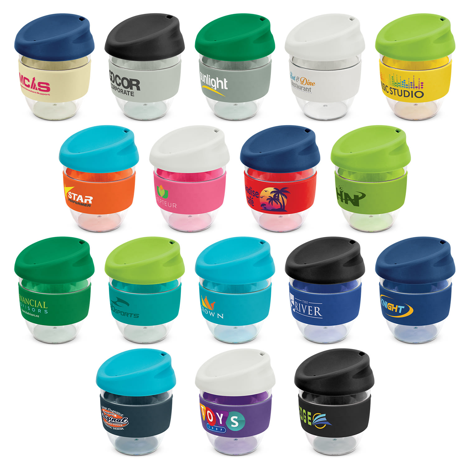 A collection of Nova Cups in various colours, featuring a range of designs and a logo on each cup. Nova Cup - Tritan 230ml - Image 1