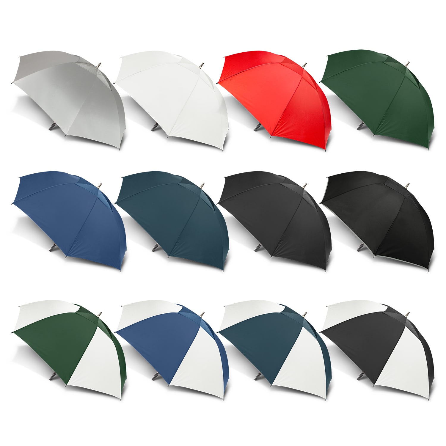 A variety of sport umbrellas in red, green, navy, black, white, and teal, featuring a logo on each. Hurricane Sport Umbrella - Image 1