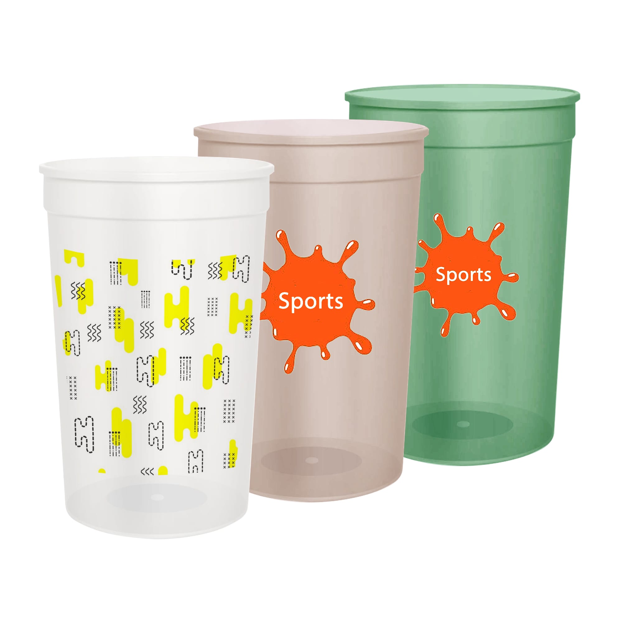 A set of three 650ml translucent plastic stadium cups in white, tan, and green, each featuring a logo. 650ml Translucent Plastic Stadium Cup - Image 1