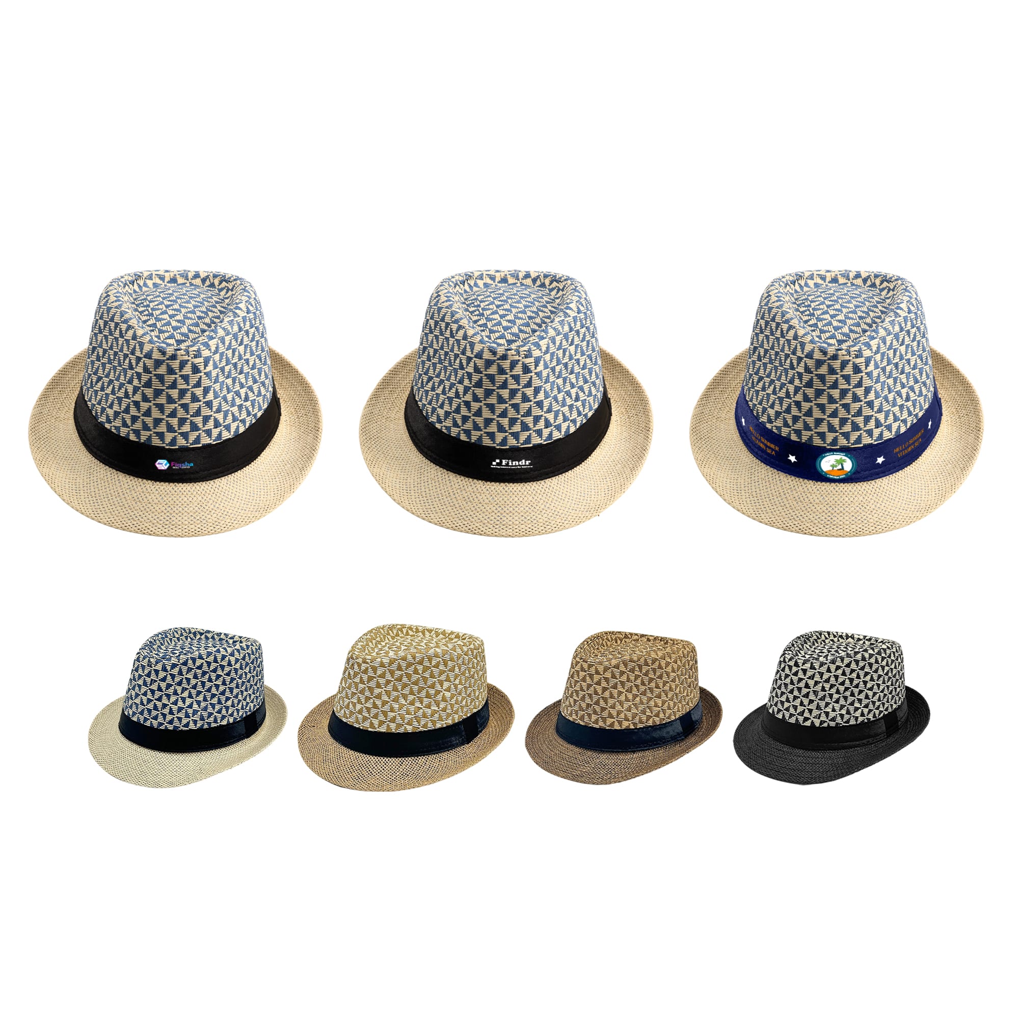 A collection of straw woven top hats in various colours and patterns, featuring different bands and styles. Straw Woven Top Hat - Image 1
