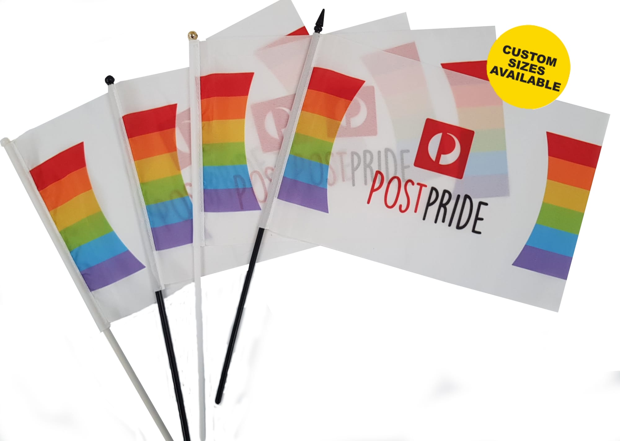 A set of polyester hand wave flags featuring rainbow colours, black and gold poles, and a logo. Custom sizes available. Polyester Hand Wave Flag - Image 1