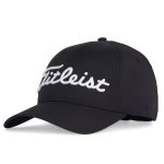 A black cap featuring an embroidered logo. It has a curved brim and adjustable back.