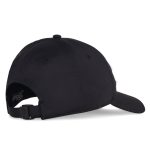 A black cap featuring a structured design and an adjustable strap at the back, with a logo present.
