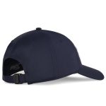 A navy cap with a structured design, featuring a logo and an adjustable strap at the back.