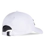 A white cap featuring a black underside and a logo on the side. The cap has an adjustable strap at the back.
