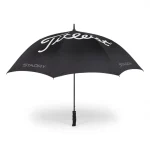 A black single canopy umbrella featuring a logo. Ideal for leisure and outdoor activities.