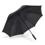 A black single canopy umbrella with a handle and a logo. Suitable for leisure and outdoor activities.