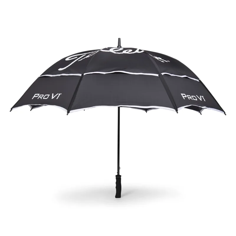A black double canopy umbrella with a white trim and a logo, designed for leisure and outdoor use. Titleist Tour Double Canopy Umbrella - Image 1