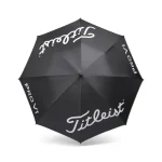 A black single canopy umbrella featuring a logo, ideal for leisure and outdoor use.