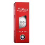 A red box containing three Titleist TruFeel golf balls, featuring a visible branded golf ball inside.