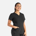 A black women's curved V-neck top featuring short sleeves and side pockets, with branding visible on the garment.