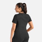 A black women's curved V-neck top with short sleeves, featuring a fitted design and a logo.
