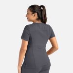 A grey women's curved V-neck top with short sleeves, featuring a fitted design and a branding logo.