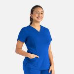 A blue women's curved V-neck top with short sleeves and a pocket, featuring a logo.