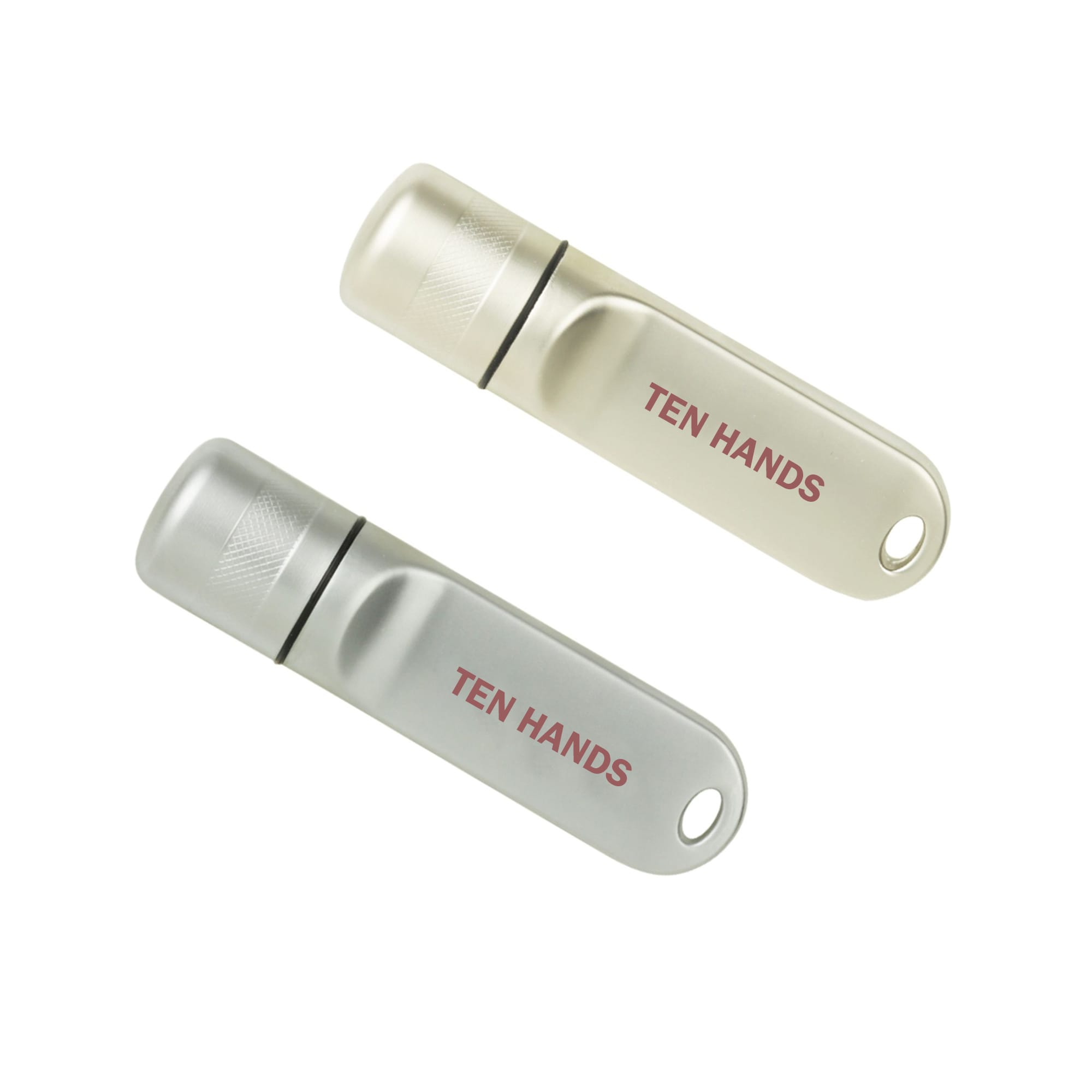 A pair of Nox flash drives in silver and grey, featuring a small logo on each. Nox Flash Drive - Image 1