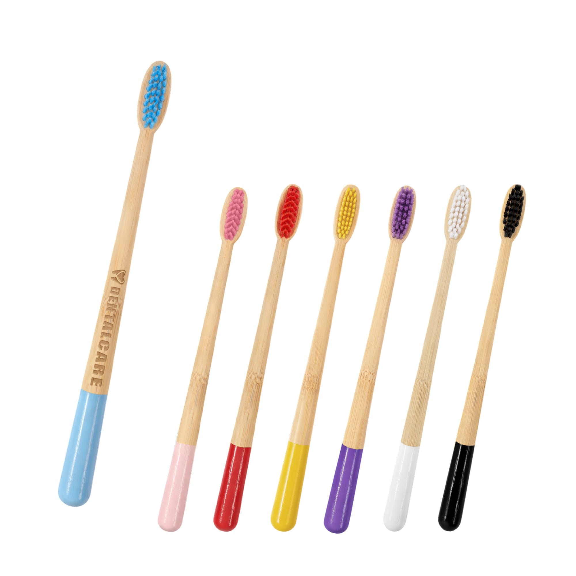 A set of large conical handle colourful toothbrushes in various hues, including pink, yellow, purple, and black, with a branding logo. Large Conical Handle Colorful Toothbrush - Image 1
