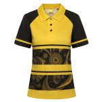 A short-sleeved polo shirt in yellow and black with decorative patterns on the front, featuring a collar and buttons.