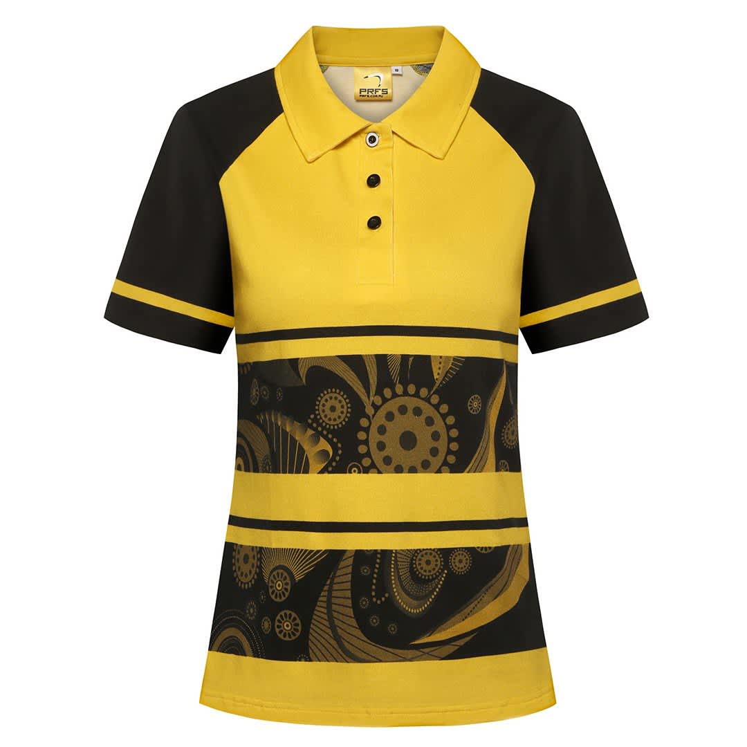 A short-sleeved polo shirt in yellow and black with decorative patterns on the front, featuring a collar and buttons. A short-sleeved polo shirt in yellow and black with decorative patterns on the front, featuring a collar and buttons.