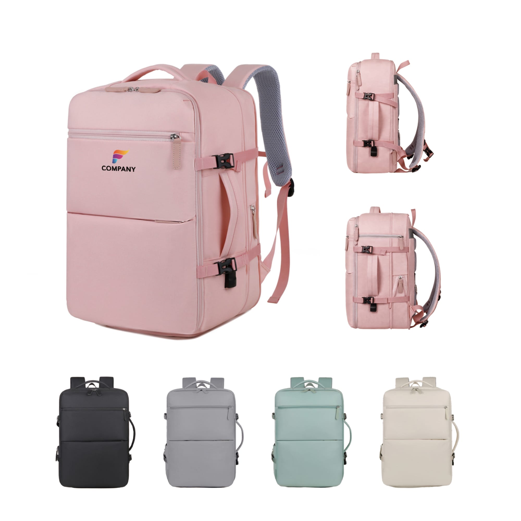 A pink expandable travel backpack with multiple views, featuring black, grey, and green colour options and a logo. Expandable Travel Backpack - Image 1