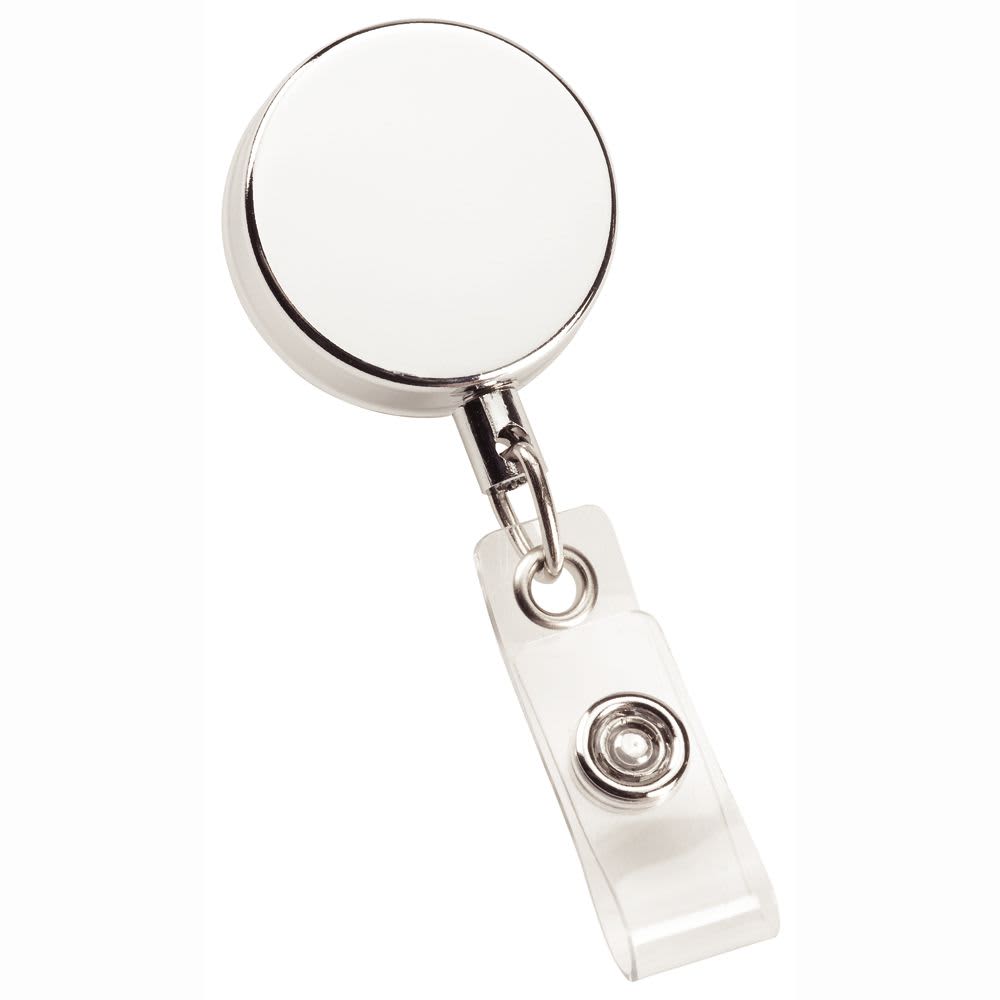 A silver metal zip pull badge holder with a clear attachment for securing badges. Metal Zip Pull Badge Holder - Image 1