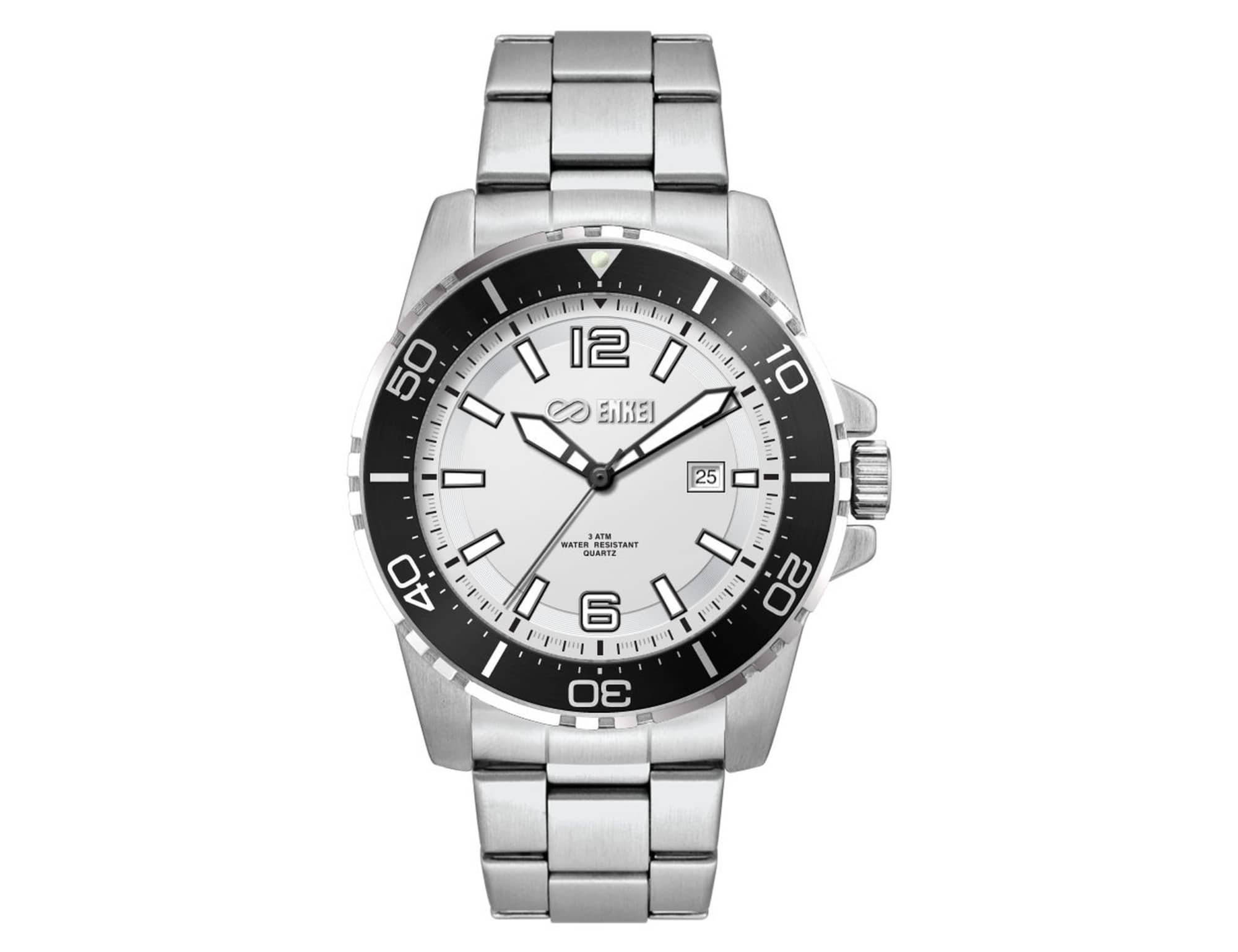 A stainless steel sports watch featuring a white dial, black accents, and a date display with a branded logo. Sports Watch, Stainless Steel Strap - Image 1