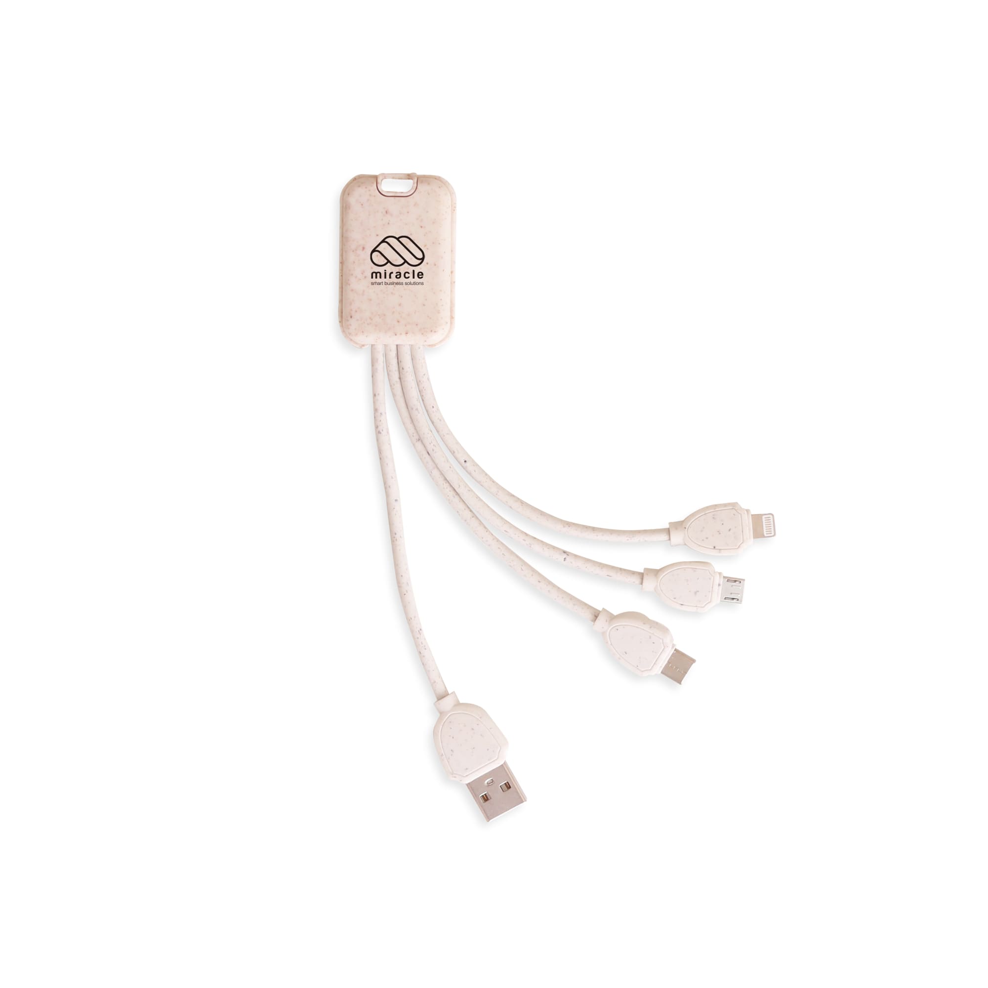 A square-shaped charging cable in a light beige colour with three connectors and a logo. Wheat Straw Charging Cable - Square Shape A - Image 1