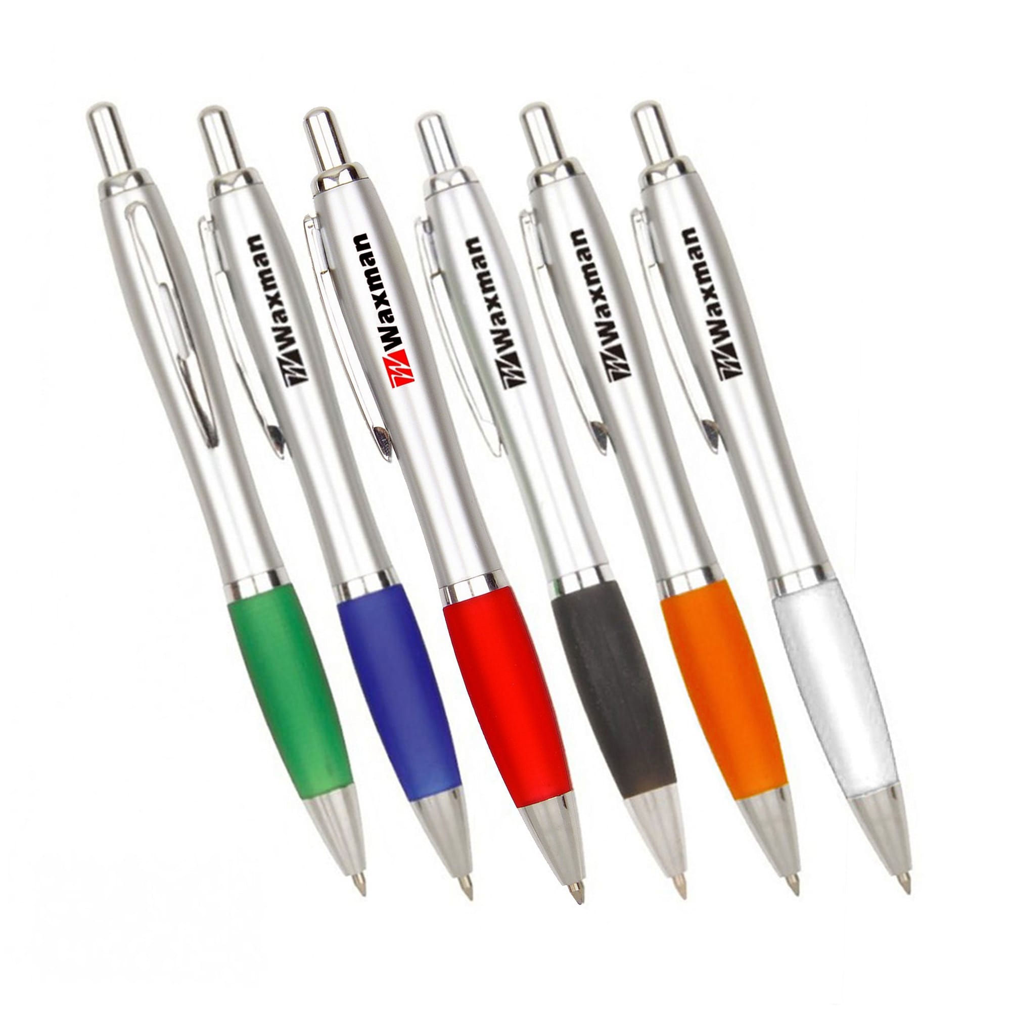 A selection of metal pens in silver, featuring coloured grips in green, blue, black, orange, and white, with a logo. Silver Cucurbit Pen - Image 1
