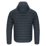 A dark navy puffer jacket with a hood, featuring a quilted design and no visible front details. It has a branding logo.