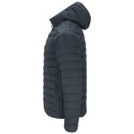 A navy blue puffer jacket with a hood, featuring quilted design and side pockets. It has a logo on the design.
