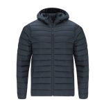 A navy blue puffer jacket with a hood, featuring horizontal stitching and a front zip closure. It has a small logo.