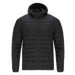 A black padded jacket with a zip front and a hood, featuring a logo on one side.