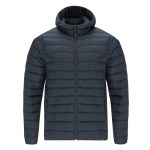 A dark navy puffer jacket with a hood, featuring a zip front and horizontal quilted design.