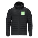 A black zipped jacket with a hood and a small green square patch. Features a quilted design and side pockets.
