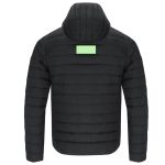 A black padded jacket with a hood, featuring a reflective patch on the upper back.