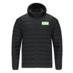 A black puffer jacket with a zip front and hood, featuring a bright green logo area.
