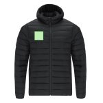 A black padded jacket with a zip front and a hood, featuring a small green patch on the chest.