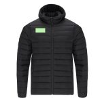 A black padded jacket with a hood and a green logo or branding patch on the front.