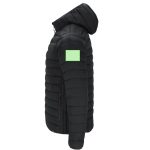 A black puffer jacket featuring a hood and a logo on the sleeve.
