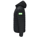 A black jacket with a hood and a green patch on the sleeve, featuring a quilted design.